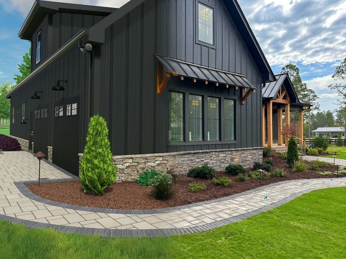 A front landscape shown as a 3D design fading into the finished, installed landscape