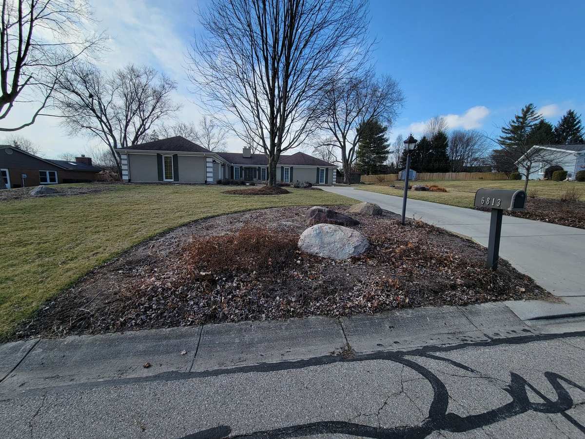 Driveway bed before: overgrown mound with a single boulder