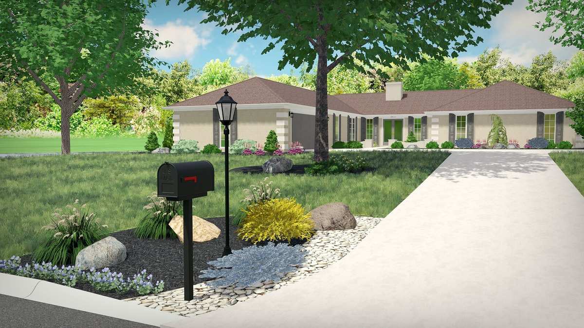 3D design of the new driveway bed with boulders, river rock and plantings