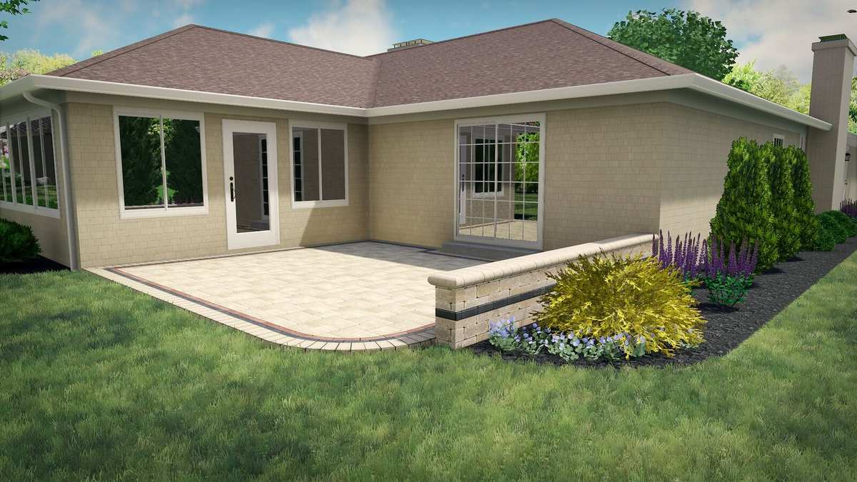 3D design of the new paver patio, seat wall and plantings