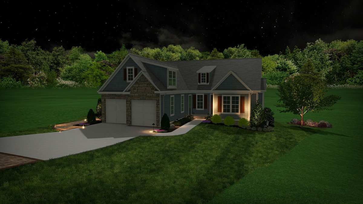 Night 3D rendering of a home with landscape lighting along the walk and beds