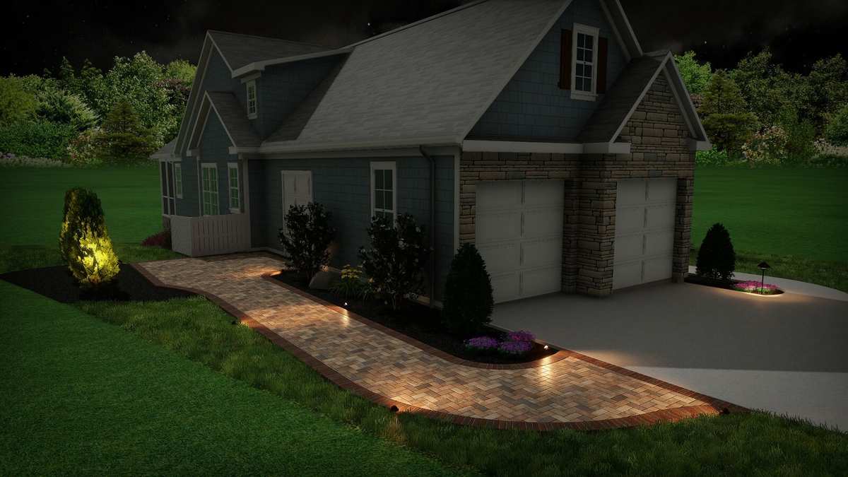 Night 3D rendering showing landscape lighting