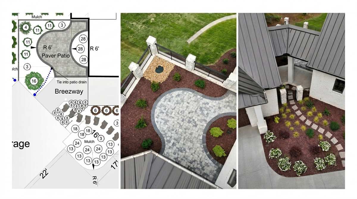Courtyard planting plan beside aerial photos of the finished paver patio and stepping-stone garden