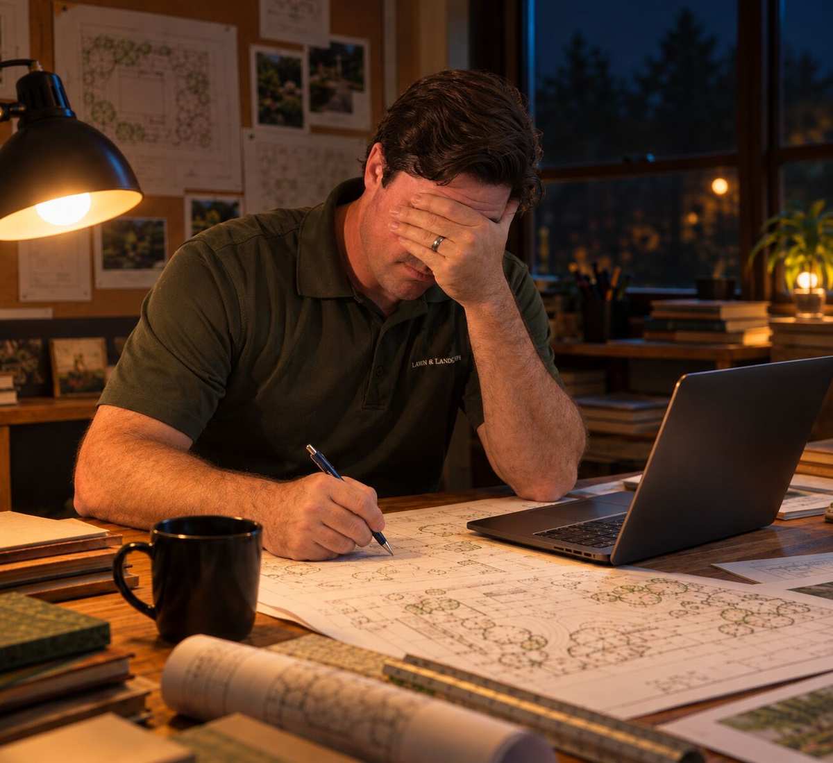 Matthew working on a landscape plan late at night