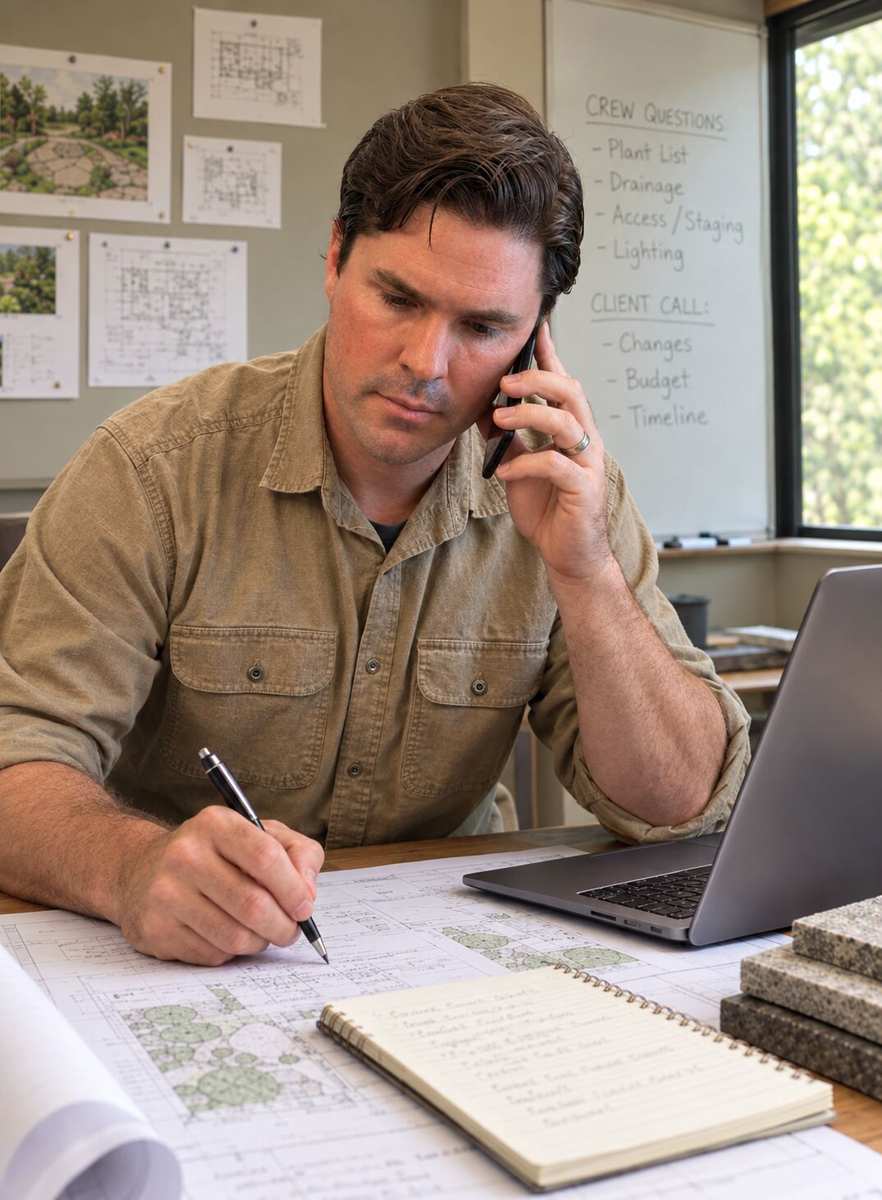 Matthew on a call with a contractor while reviewing plans