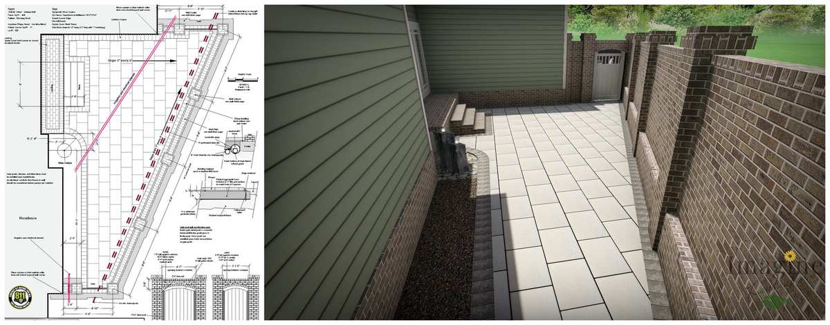 A construction detail sheet beside the matching 3D rendering of a courtyard walkway