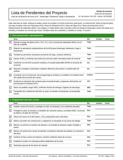 Project punch list (Spanish) (5 pages)