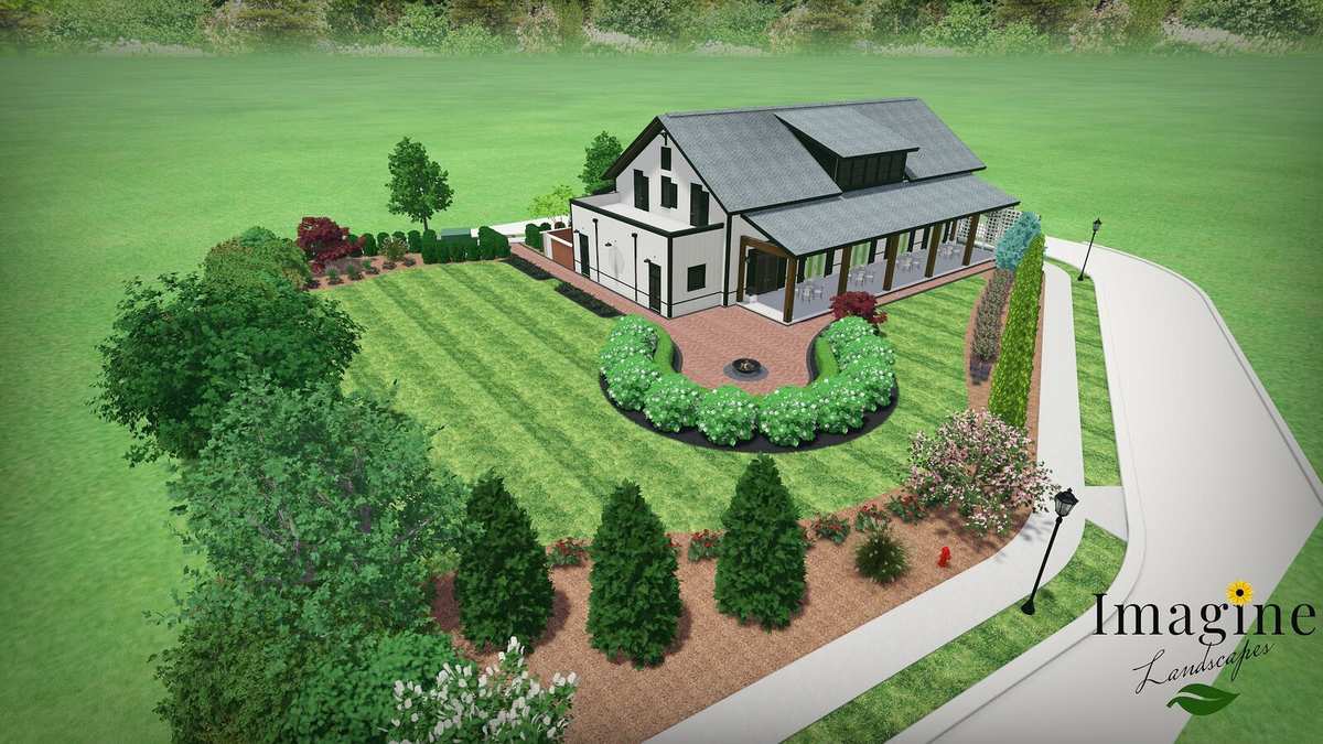 Aerial 3D rendering of a farmhouse property with lawn, fire pit and plantings