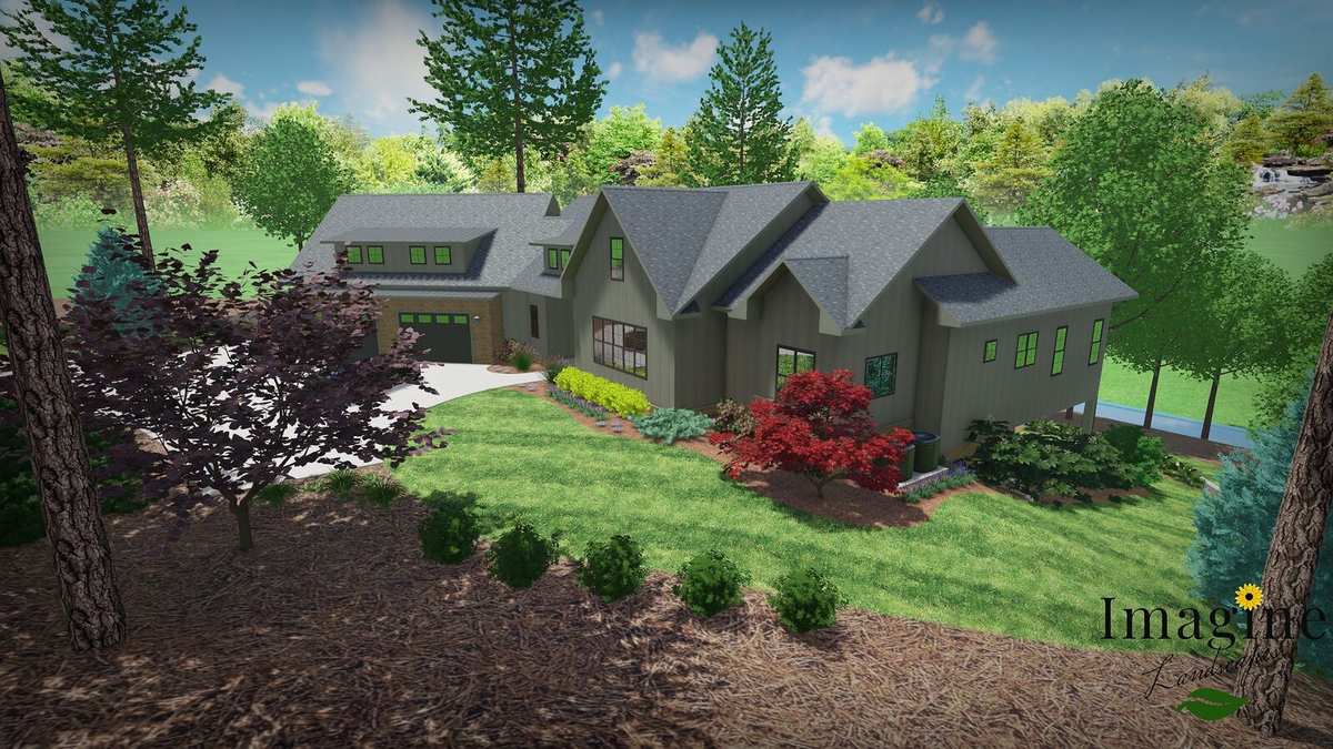 3D rendering of a home with layered foundation plantings and Japanese maples