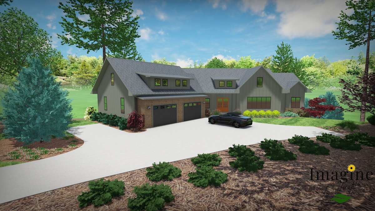 3D rendering of a home with a wide drive and new planting beds