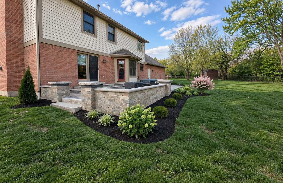 Finished stone patio with seat walls and new beds