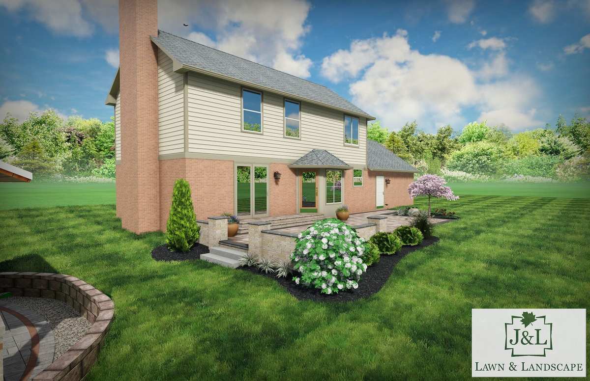 3D design of a stone patio with seat walls and plantings